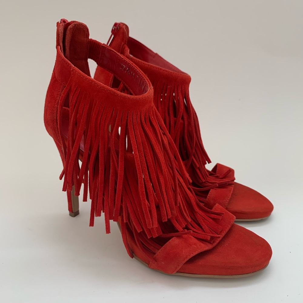 Elvio Zanon Red Suede Fringe Stiletto Heels - Boho Chic Ankle Strap Size 7